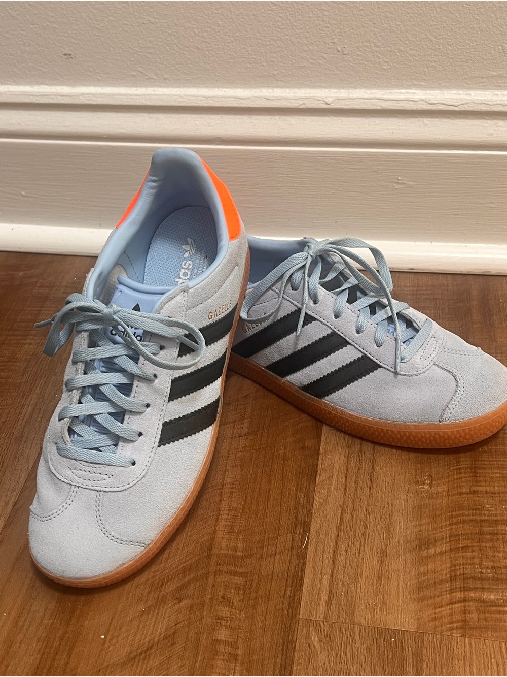 adidas Gazelle Suede Sneakers - Light Blue, Black & Orange Youth 4 Women 6 - Picture 2 of 10